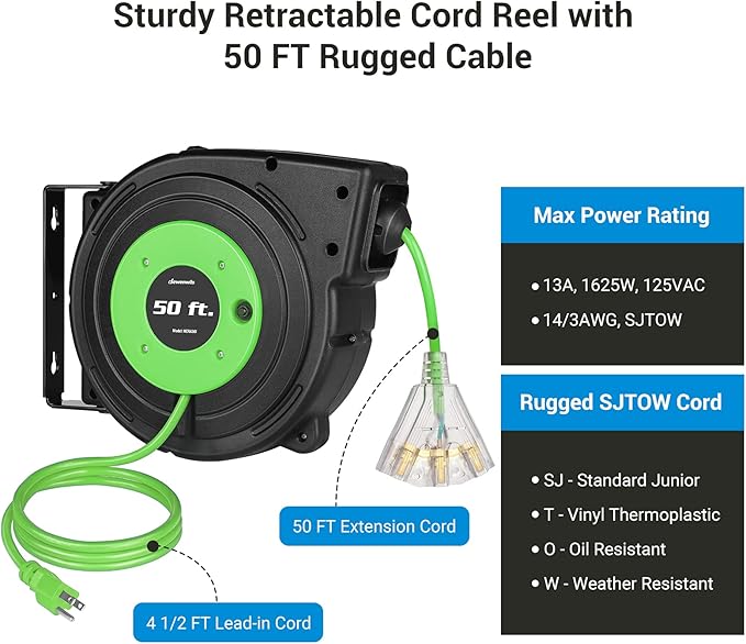 DEWENWILS Retractable Cord Reel, 50FT Extension Cord Reel, 14AWG/3C SJTOW, Grounded Outlets Lighted Triple Tap, 13 Amp Circuit Breaker, Wall/Ceiling Mountable, UL Listed