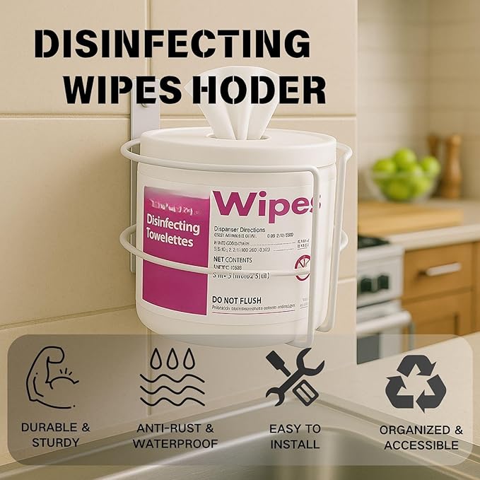 Wall Mount Wipes Holder & Dispenser -2 Pack- Rustproof Bathroom & Kitchen Organizer with 3M Adhesive or Screws, Fit for Clorox, Lysol, Baby & Pet Wipes – No-Drill Space-Saving Wall Rack
