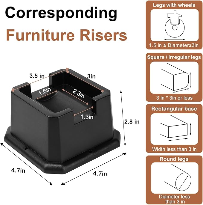 shouwuhho Bed Risers 2 inch, Furniture Risers Elevation in Heights 2 3 4 5 6 7 8 Inch Heavy Duty, Bed Lift Risers for Caster Wheels or Posts of Bed Table Couch, Support up to 6000 lbs, Black, 4 Pack