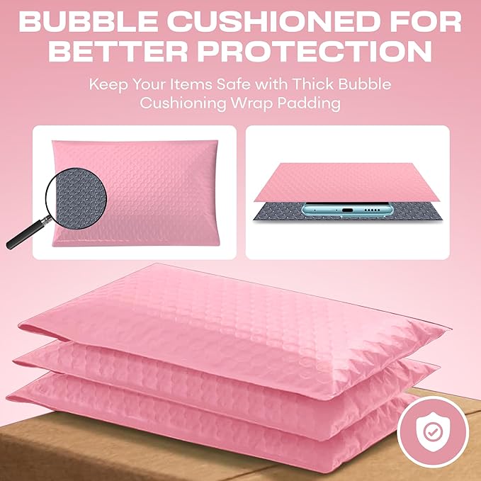 Light Pink Small Bubble Mailers 4x8 Inch #000 | Thick Padded Poly Bubble Mailer Envelopes | 500 Pack Bulk | Trading Card Sports Card Shipping