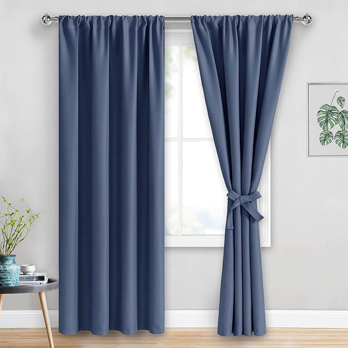 JIUZHEN Dusty Blue Blackout Curtains for Bedroom - Thermal Insulated Room Darkening Rod Pocket Curtains for Living Room, Set of 2 Panels with Tiebacks, 42 x 84 Inch Length, Dusty Blue
