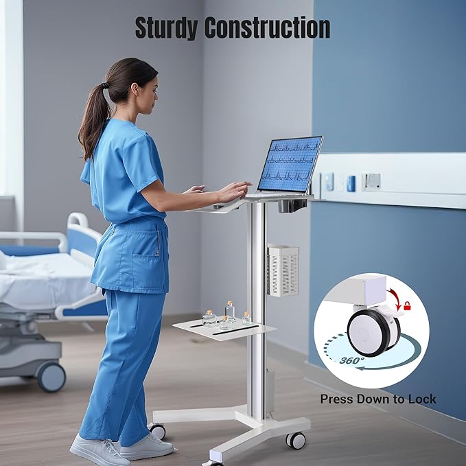 Yescom Medical Mobile Laptop Cart Rolling PC Stand Computer Workstation on Wheels with Handle 220 Lbs Capacity CPU Printer Power Strip Holder for Dentistry Clinic Lap Hospital White