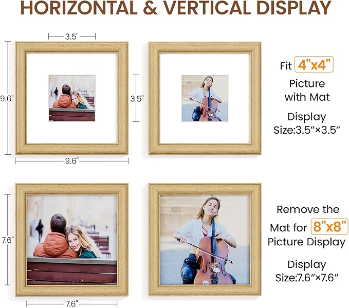 Natural Oak 8x8 Picture Frames Mat to 4x4 Picture Display Set of 3,Original Wood Handcrafted 8x8 Wooden Photo Frame with Tempered Glass Graduation Family Wedding Pictures Tabletop & Wall Decor