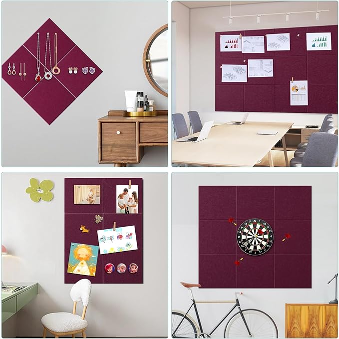 Large Bulletin Board 48" x 36" - 12 Pack Felt Wall Tiles with 60 Pcs Safe Removable Adhesive Tabs & 40 Pcs Pushpins, Cork Board for Office, School & Dart Wall Protector - Burgundy