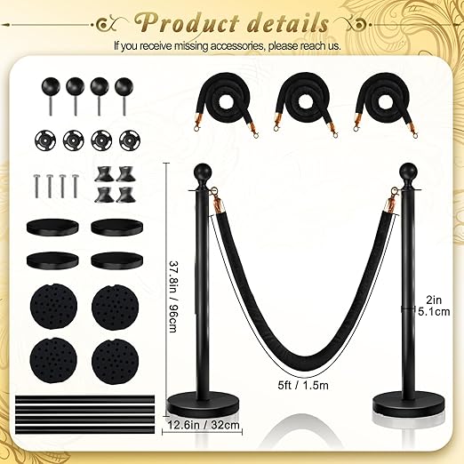4PCS Black Stanchions Posts with 3PCS 5 ft Black Velvet Rope, Black Velvet Rope Stanchion Set Crowd Control Barriers, Stanchions and Velvet Ropes Red Carpet Poles for Party Supplies