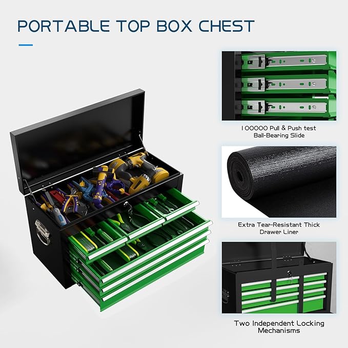 8-Drawers Large Tool Chest, 2-in-1 Detachable Garage Rolling Tool Box Metal Tool Storage Cabinet Removable Lockable Tool Cart with Wheels and Drawers