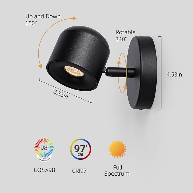 Aisilan 2 Packs Modern Adjustable Wall Sconce Fixture Black LED Warm White Ceiling Spot Wall Light for Hallway Gallery Display Bedside Bedroom 7W 3000K
