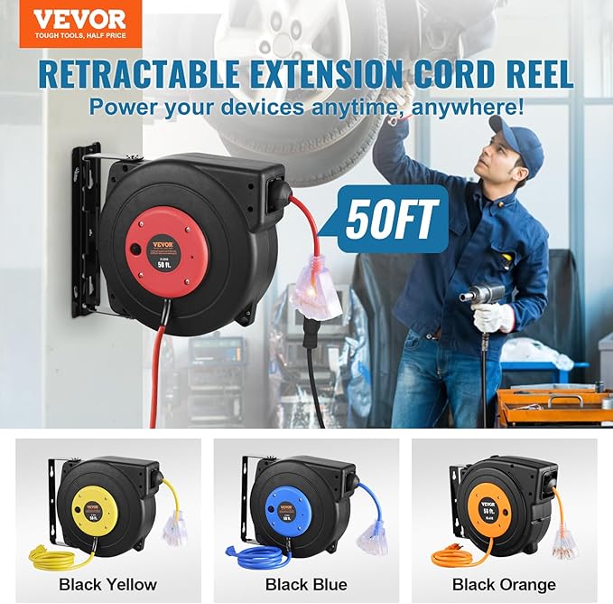 VEVOR Retractable Extension Cord Reel, 50 FT, Heavy Duty 14AWG/3C SJTOW Extension Power Cord with Lighted Triple Tap Outlet, 13A Circuit Breaker 180° Swivel Bracket for Ceiling or Wall Mount, Red