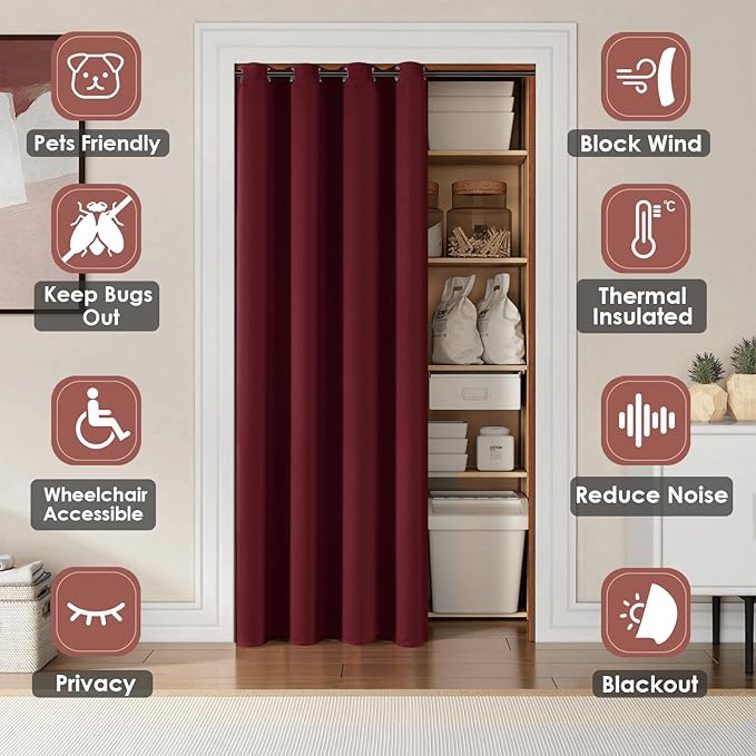 ChrisDowa Blackout Door Curtains for Doorway Privacy, Grommet Closet Curtains for Bedroom Closet Door, Thermal Insulated Doorway Cover Room Divider Drapes (1 Panel, Burgundy Red, 34 x 80 Inch)