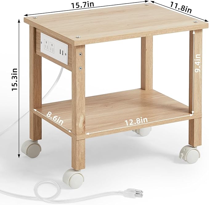 2 Tier Under Desk Printer Stand with Storage, Small Printer Table with Charging Station, Rolling Printer Cart Shelf with Lockable Wheels for Home, Office (Natural)