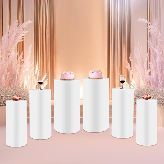 Eapmic Pedestal Stands for Party, Cake Pedestal Stand, Dessert Table Display Plinth Pillars, Sculpture Display Column Decoration Cube for Wedding Birthday (White, Cylinder-6Pcs(27.56"+26"+23.62"))