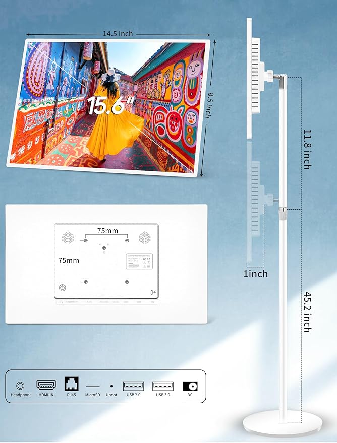 15.6" Digital Signage with 10000mAh Battery, Capacitive Touchscreen Advertising Display, Adjustable Stand, Android 11 Commercial LCD Monitor with Auto Play, Wireless Screen Mirroring, 2+32GB, White