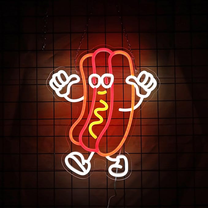 Hot Dog Dancing Neon Signs for Hotdog Themed Party Decorations LED Neon Hot Dog Light Up Sign for Room Wall Decor hotdog Gifts 12.8 * 15.2 Inch
