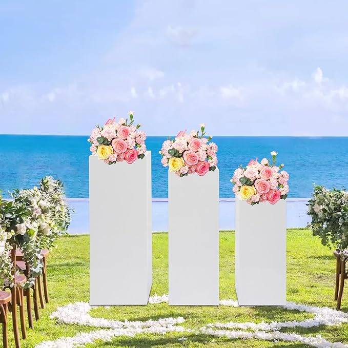 3PCS Metal Pedestal Stand, Square Metal Plinths Dessert Table Display Pillars, White Display Stands Pillars for Birthday, Wedding, Party, Art Decor(Different Sizes)