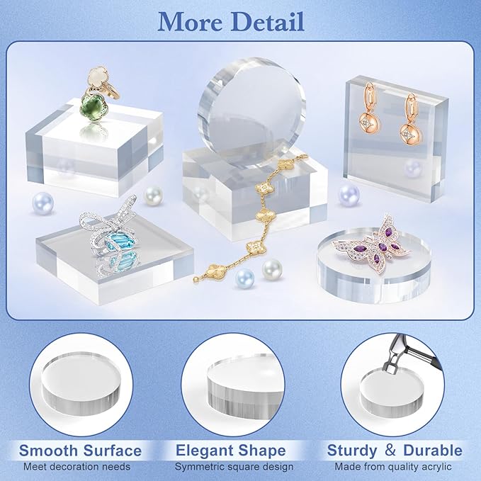Acrylic Blocks 3 X 3 X 1 Inch 4 Pcs Acrylic Base Stand for Display Clear Block Round Riser Display Stands Pedestal Polished Cube for Jewelry trophy Props Collection Ring