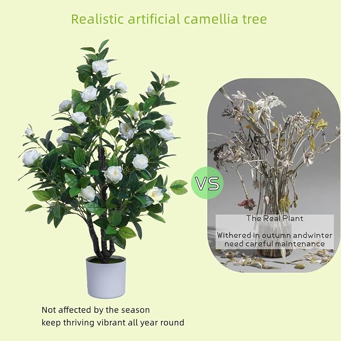 Artificial Camellia Tree 35in Faux Floral Plant with White Flowers and Green Leaves - No Maintenance Indoor Outdoor Office Home Porch Decor Housewarming Gift(1 Pack - White)