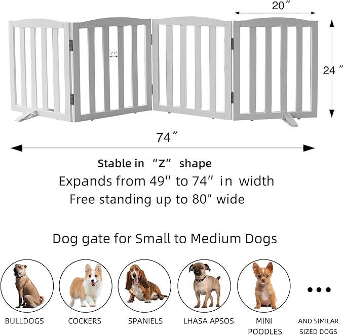 Freestanding Dog Gate Indoor,Doggie Gate Foldable Dog Gates for Doorways,Stairs or Hallways, Wooden White Pet Gate for The House, Pet Fence with Support Feet Included,24 "Height-4 Panels