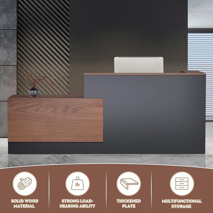 L-Shaped Modern Reception Desk with Counter & Storage - 84" Large Office Front Desk, Salon Checkout Counter with Lockable Cabinets, Shelves (Brown & Black, Right - 84''L x 34''W x 41''H)