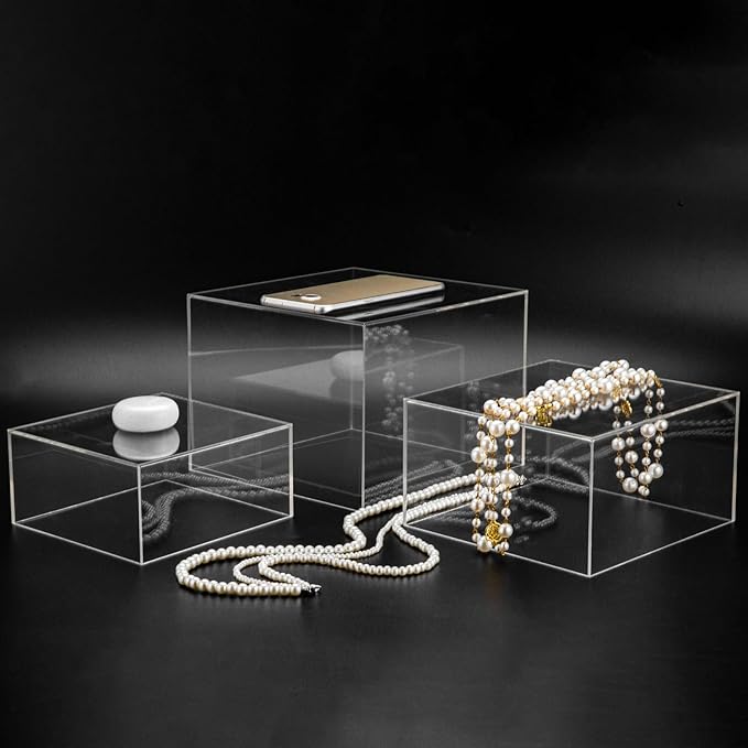 Clisela 3pcs Acrylic Cube Display Stands Box Risers with Hollow Bottoms, Food Risers for Buffet Table, Decorative Display Stand Shelf for Dessert Collectibles Jewelry Figures Show - Clear 6" 7" 8"