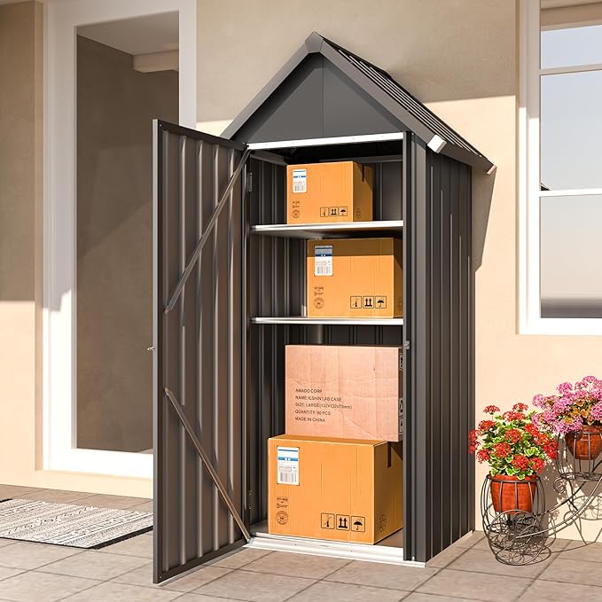 AECOJOY Outdoor Storage Cabinet Waterproof with Adjustable Shelves, Vertical Tall Storage Shed with Lockable Door, All Weather Mental Sheds & Outdoor Storage Clearance for Outside in Dark Grey