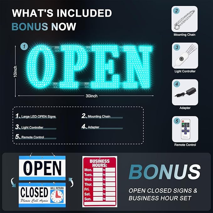 Large LED Open Signs for buiness with 13 Scene Modes, 30" x 10" Unique Design Ice Blue Open Sign for Business Hour Open Sign for Window Stores Retail and Restaurant
