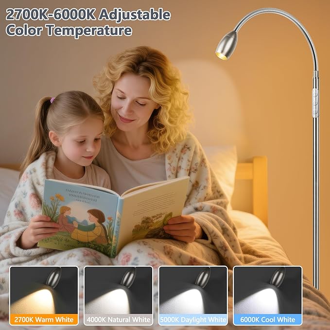 Reading Floor Lamp, 72" Tall LED Lamp with Flexible Gooseneck, Dimmable Zoomable Spotlight, Adjustable Color Beam Standing Lamp, Touch & Remote Control, Task Craft Bedroom Living Room (Brushed Nickel)