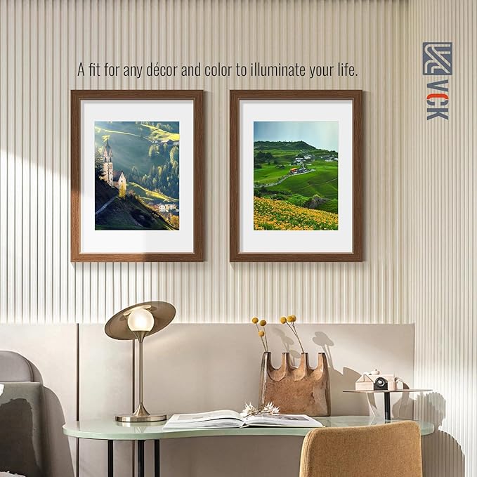 VCK 12x16 Picture Frame 2 Pack - Brown, High-End Wood Poster Frames with Tempered Glass, Display 8.5x11 Photo with Mat or 12x16 without Mat, Art Gallery-Quality, Wall Hanging, Brown