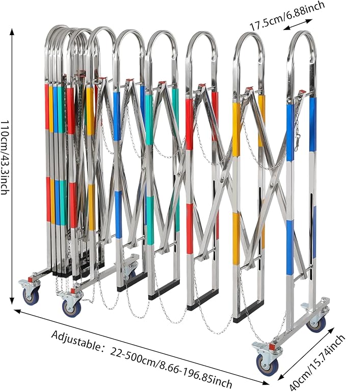 Expandable Metal Barricade, Safety Barrier with Casters 1.1x5M Portable Mobile Gate Stainless Steel Fence for Garage Construction Site Traffic Control (Colorful)