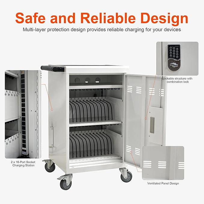Laptop Charging Cart,32 Devices Tablet Storage Carts for pad Up to 16.3" Screen, Classroom Computer Mobile Charging Station for Pads, Chromebooks,Laptops, Updated Password Lock(32 Bay-White)
