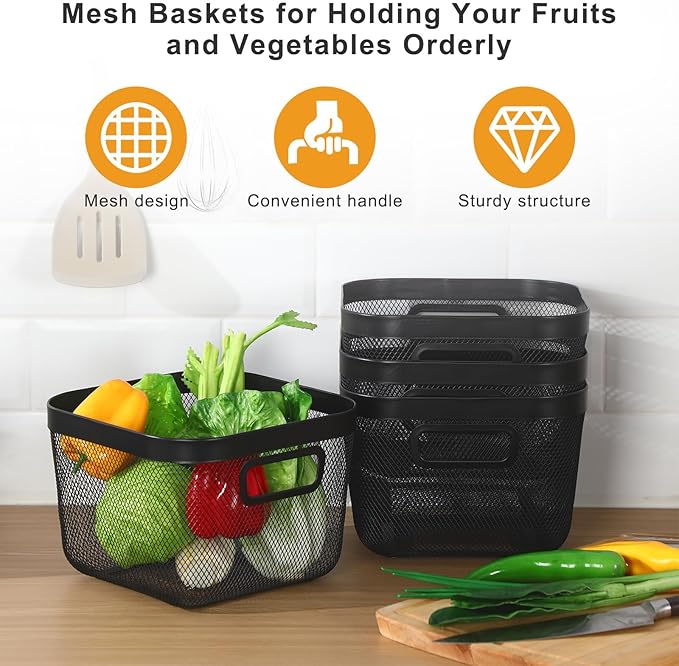 1 Pack Metal Mesh Basket with Hollow Handles Black Wire Storage Bin for Organizing Stackable Metal Fine Mesh Basket for Pantry Bathroom Kitchen Cabinets Shelves (Medium)