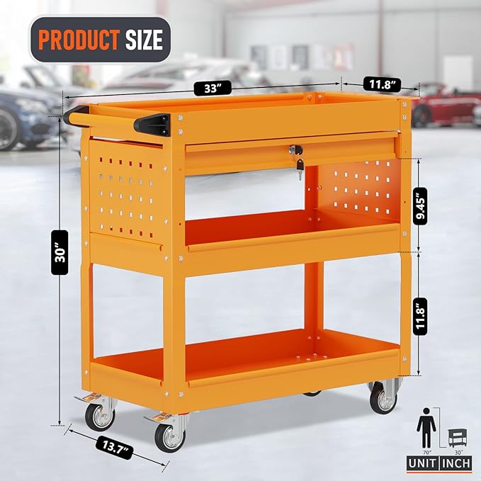 3 Tier Rolling Tool Cart, Heavy Duty Tool Cart on Wheels for Mechanics,400 LBS Tool Cart with Drawers for Garage, Warehouse & Repair Shop (Orange)