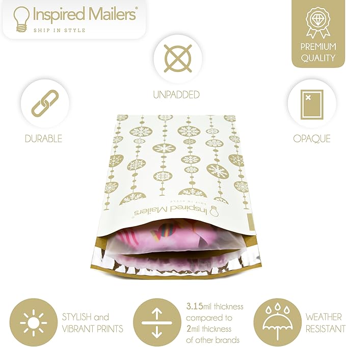 Inspired Mailers - Poly Mailers 6x9-100 Pack - Snowflake Baubles (Gold) - Winter Mailing Envelopes - Small Shipping Bags - Holiday Poly Mailers Bags