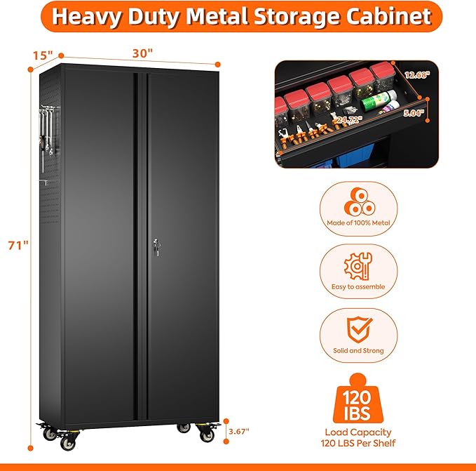 Aobabo Metal Storage Cabinet with Wheels and Adjustable Pegboard, Steel Rolling Tool Cabinet with 16 Hooks and 1 Interior Drawers for Garage, Home, Office, Kitchen, Black, Assembly Required