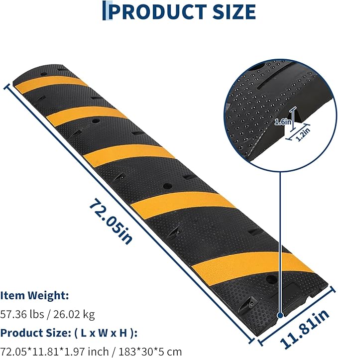 1 Pack 6FT Speed Bumps for Road, Heavy Duty 25,000 Lbs Capacity Traffic Rubber Speed Humps with 2 Channel Floor Cord Cover for Asphalt Concrete Gravel Driveway Road Cable Protector Ramp