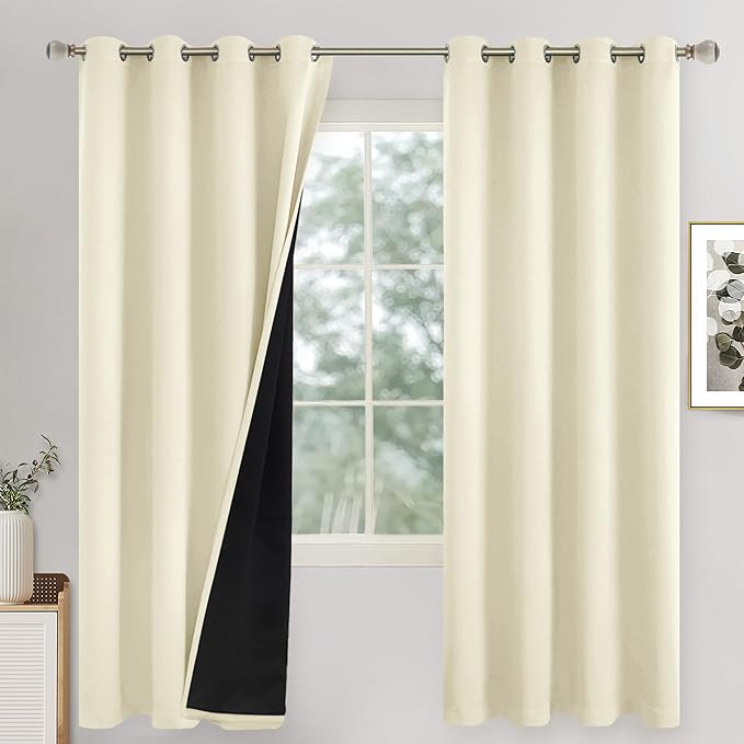 Blackout Curtains for Bedroom 72 Inch Length 2 Panels Set, Thermal Insulated 100% Light Blocking Soundproof Grommet Window Curtains for Living Room with Black Liner, Each 52 Inch Wide, Cream
