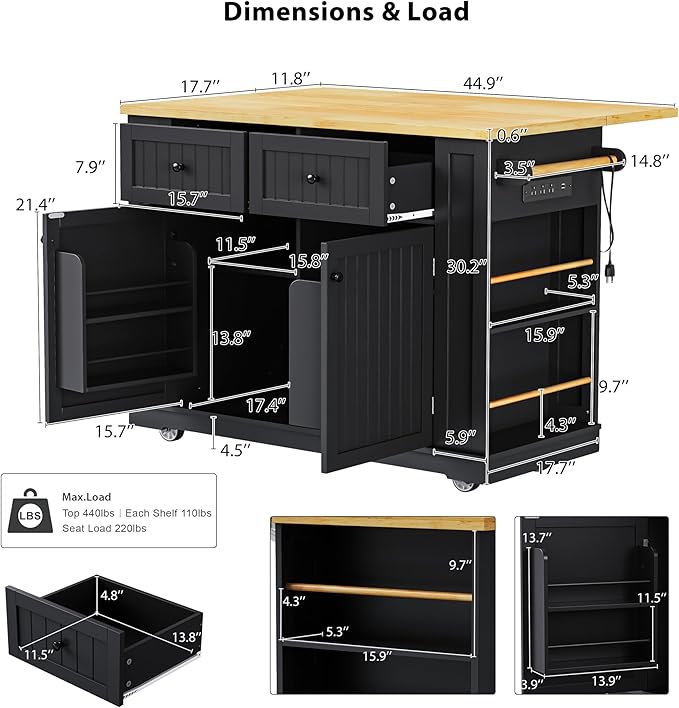 Rolling Kitchen Island with Drop Leaf & Power Outlet, Large Kitchen Islands Cart on Wheels, Movable Kitchen Island with 5 Open Storage Shelves & Towel Rack for Kitchen, Dining Room, 48-Inch, Black