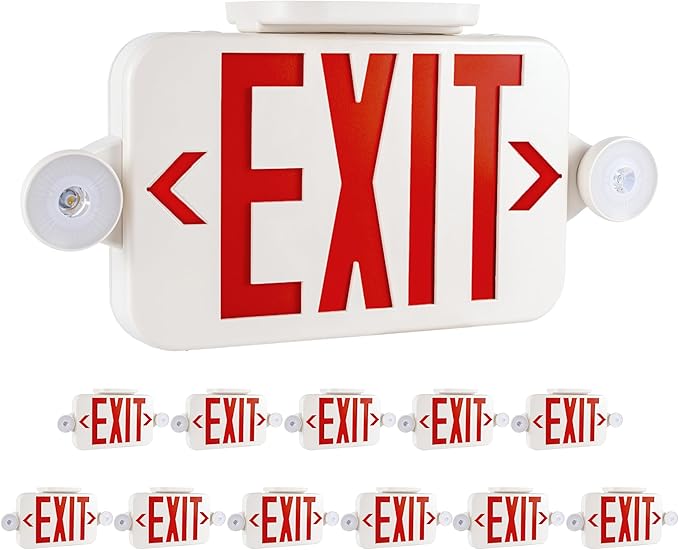 Gruenlich LED Exit Sign Combo with Emergency Lights, Adjustable Heads, Battery Backup, UL 924 Qualified, AC 120-277V, Commercial Emergency Exit Light for Business- 12 Pack