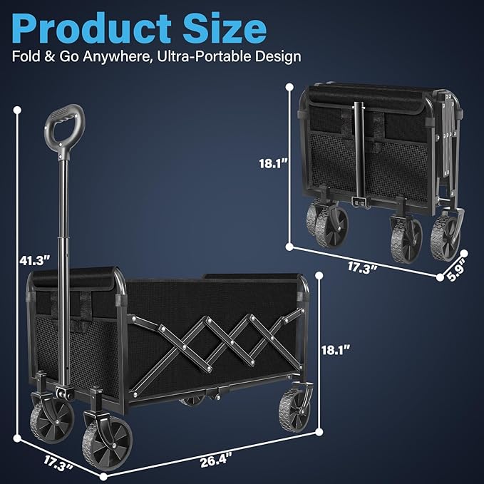 Wagons Carts Foldable Collapsible Wagon with Wheels,360lbs.Wagon cart with Wheels Foldable,Portable Utility Wagon for Camping,Park,Sports,Shopping,Travel,Groceries