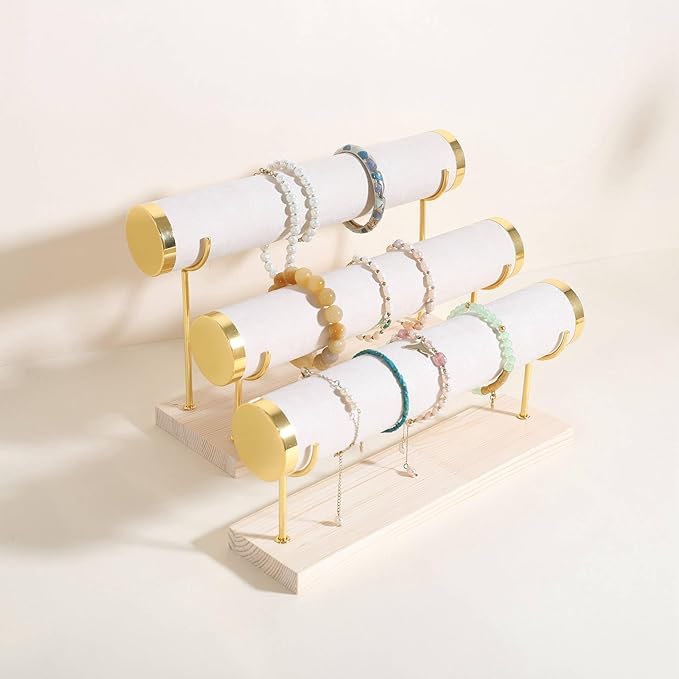 GemeShou Velvet Bangle storage oragenizer for selling,Beige bracelet storage rack for boutique store, Velvet wrap watch holder with wooden base for women girls【Bracelet holder-two tiers】
