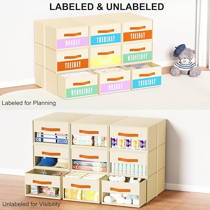 Stackable Storage Drawers - Pull Out Storage Bins with Drawers for Closet Clothes Organizers with Weekly Labels & Clear Window, Closet Shelf Storage for Bedroom, Living Room, 5 Pack, Beige