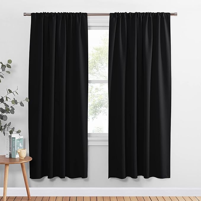 PONY DANCE Blackout Curtains 72 inch Long - Solid Rod Pocket Thermal Insulated Panels for Living Room - Black Out Energy Efficient Window Drapes for Bedroom, 34-inch by 72-inch, Black, 2 Pieces