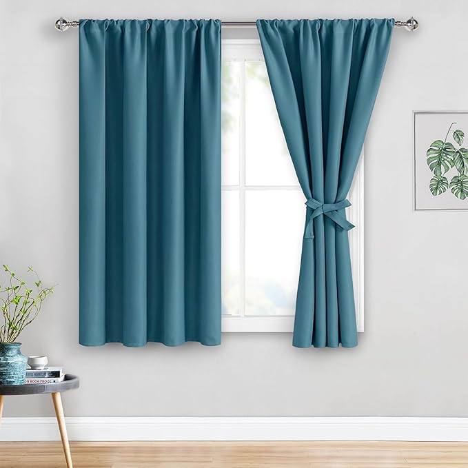 JIUZHEN Blackout Curtains for Bedroom - Thermal Insulated Room Darkening Rod Pocket Curtains for Living Room, Set of 2 Panels with Tiebacks, 38 x 45 Inch Length, Stone Blue