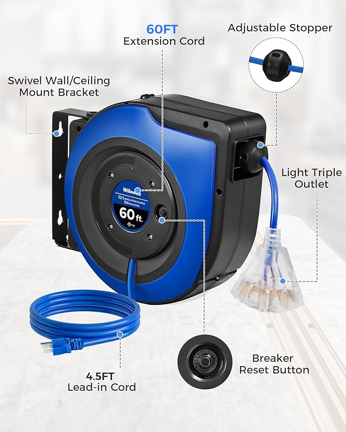 Retractable Cord Reel, 60 FT Heavy Duty Extension Cord, 12AWG/3C SJTOW, 3 Grounded Outlets Lighted Triple Tap, 15A Circuit Breaker, Wall/Ceiling Mounted, UL Listed, Blue U60CR06