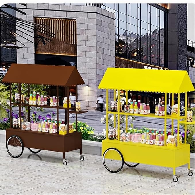 Portable Food Cart with Striped Canopy, Mobile Vendor Display Stand with Lockable Wheels, Iron Outdoor Cart for Market, Street Food or Events(Yellow,55.1in)
