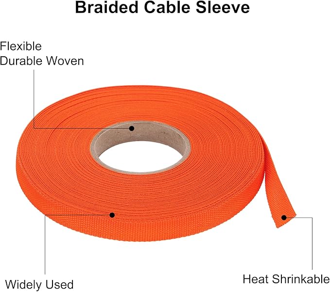 MECCANIXITY Braided Cable Sleeves Heat Shrinkable Fabric Sleeving, 5/16" 60ft Orange 2:1 Ratio Heat Shrinkable Cord Protector for Harness Cable, Network Cable Protection, Cable Management