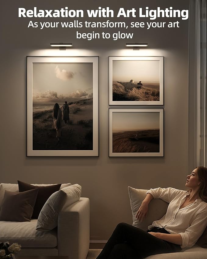 EZVALO Picture Light for Wall, Rechargeable 2400mAh Battery Lights Wireless Remote, 3 Color & Dimmable Magnetic 8'' LED Lights Display for Painting, Living Room, Gallery, Bedroom, Dashboard(Black-3P)