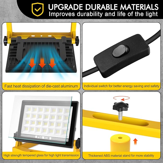 LED Work Light, 60W 6000LM Work Lights on Stand，LED Flood Light Outdoor 13ft Cord with Plug, 3 Modes, Magnetic Base, Hook Design Portable Work Light for Workshop, Garage, Construction Site
