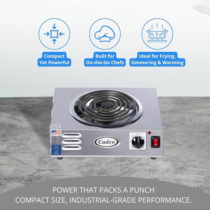 Cadco CSR-3T 14" Electric Portable Countertop Hi-Power Hot Plate w/One Tubular Burner for Restaurant Hotel Food Truck Concession Kiosk, Stainless Steel, 120v
