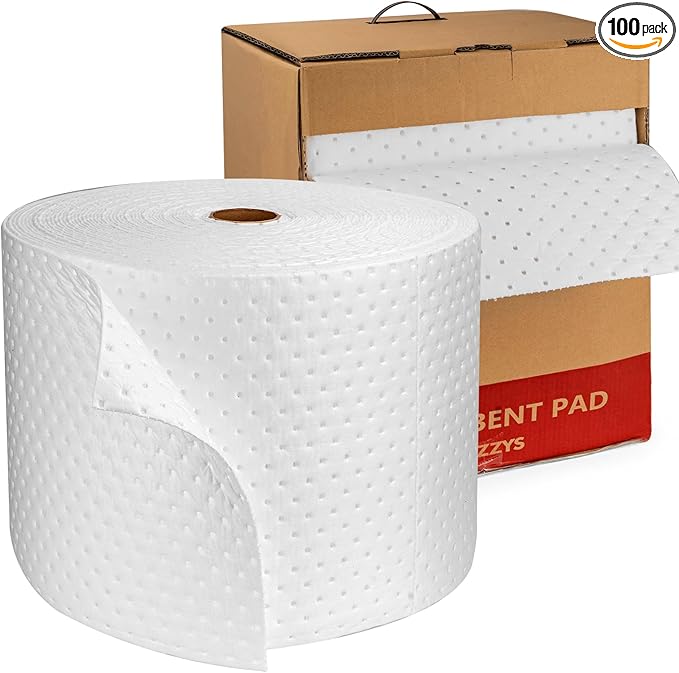 Oil Absorbent Pads Roll | 16"x20" Oil-Only Spill Mat 100-Pack | Industrial Spill Control for Oil & Fuel(32 Gal/Box) | Repels Water Absorbing Rolls