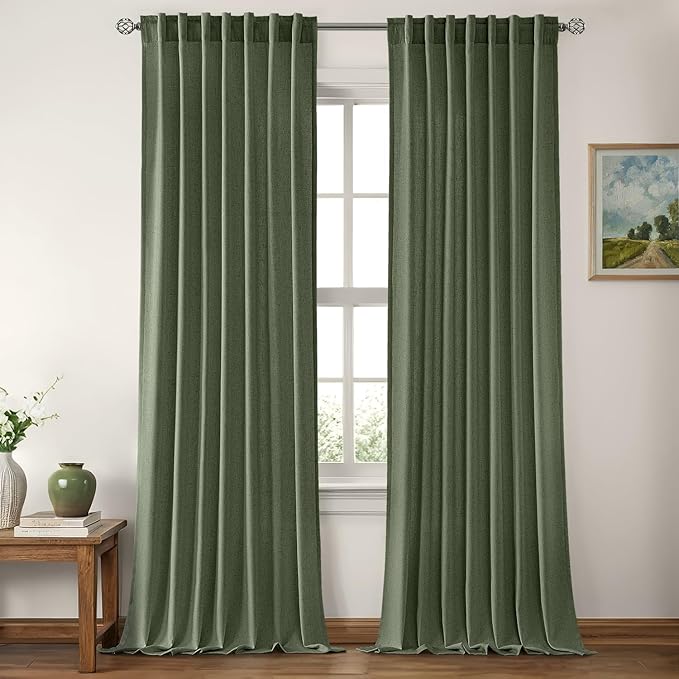 MIULEE Non-See-Through Privacy Linen Curtains 2 Panels, Olive Green Light Filtering Window Curtains Farmhouse Textured Back Tab Semi Sheer Drapes for Bedroom Living Room 96 Inches Long Dark Green